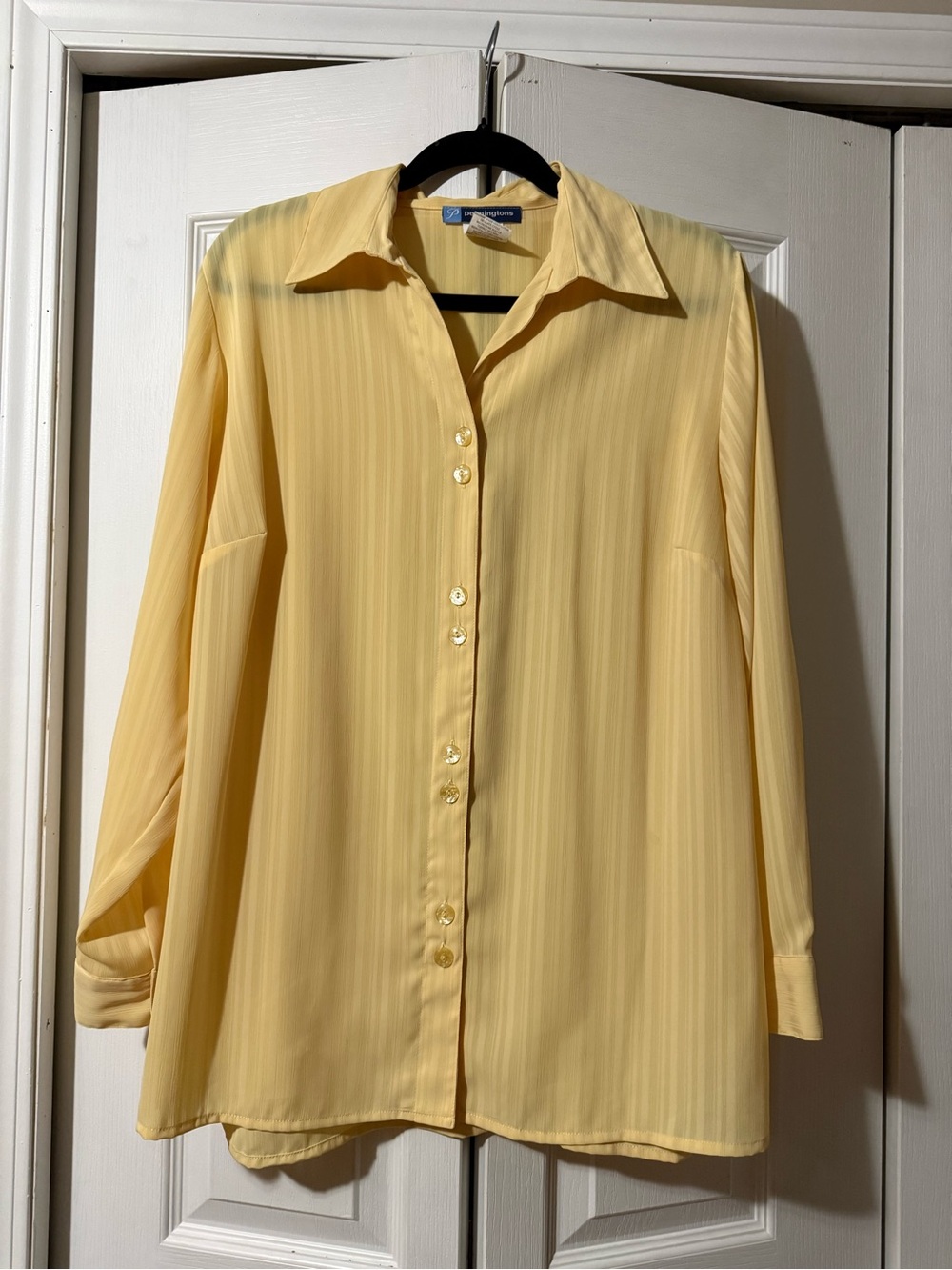 Penningtons Yellow Button-Down Blouse with Stripes and Button Cuffs